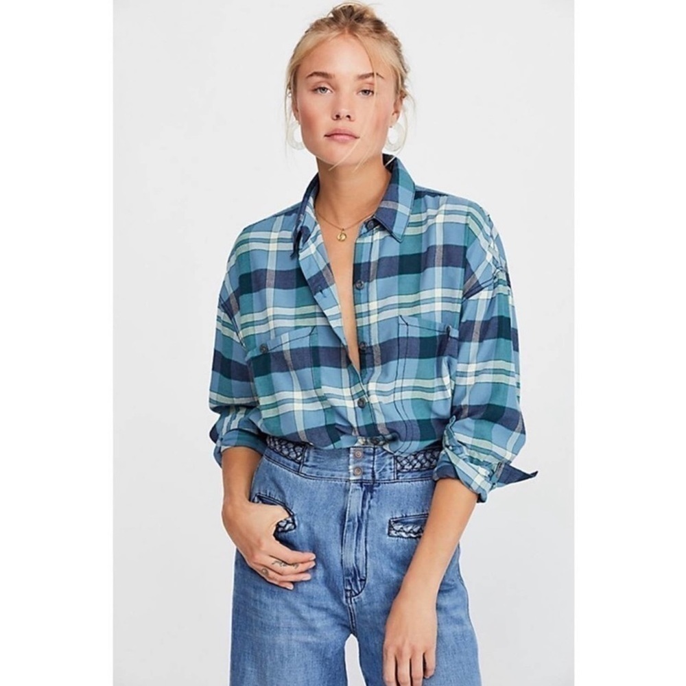 Free People Loveland Plaid Winter Sea‎ Button Front Top Size Small Women